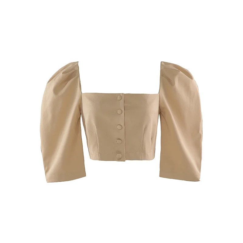 

Shirt women 2021 spring and autumn design sense short square neck puff sleeve shirt top