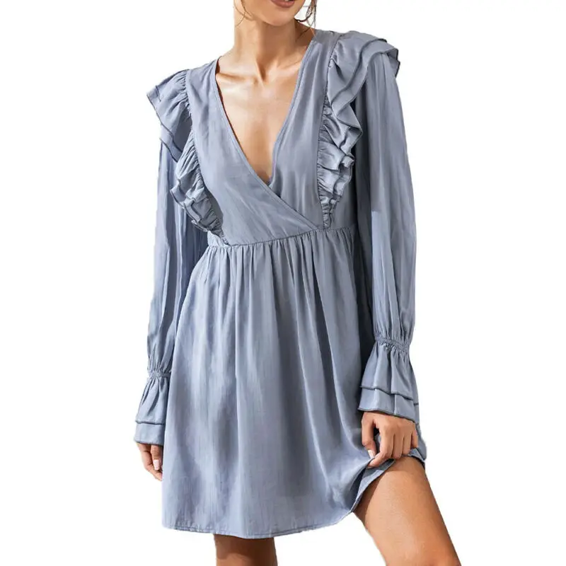 

Women V Neck Long Sleeve Ruffle Dress Ladies Holiday Casual Plain Mini Dresses
