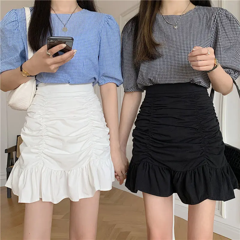 

PEONFLY Women Summer Ruffles Korean Style Fashion Harajuku Sexy High Waist Hip-Chic Retro All-match Solid Mini Irregular Skirt