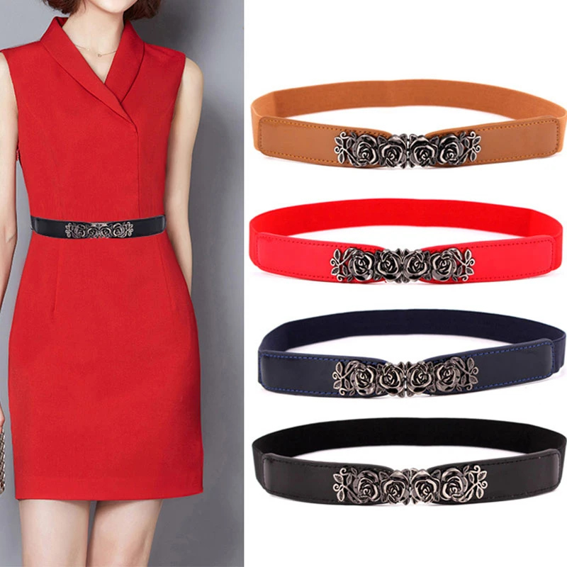 

Fashion Women's Elastic Nylon Ladies Belt for Dress Rose Flower Buckle Women Waist Belt for Coat Female Corset Belt Strap