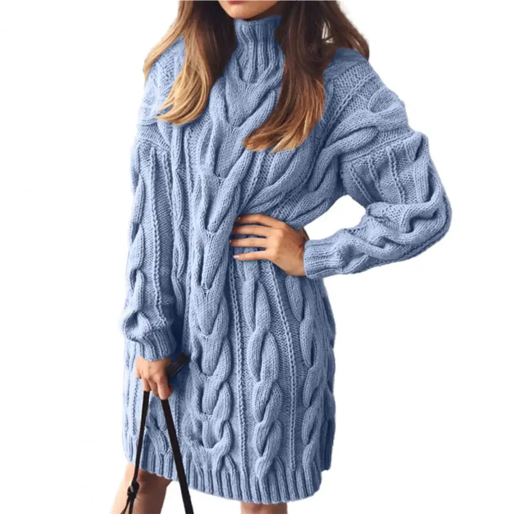 Lady Sweater Dress Solid Color Warm  High Collar Twisted Long Sleeve Dresses Knitted Pullovers Sweaters for Work