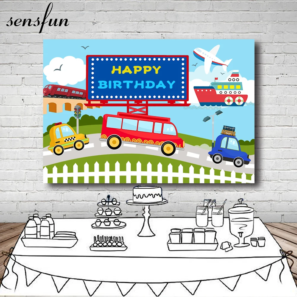 

Sensfun Cartoon Train Cars Boys Birthday Party Backgrounds For Photo Studio Blue Sky Clouds Green Grass Custom Backdrop