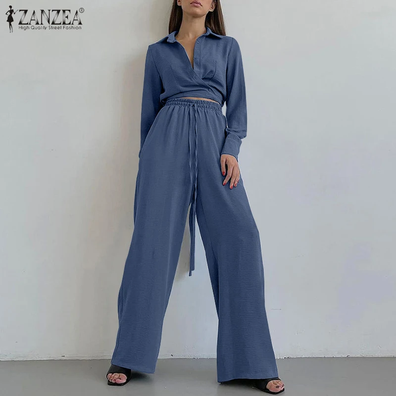 

Women's Suits ZANZEA Spring Long Sleeve Blouse Casual Two Pieces Wide Leg Pants Sets Solid Crop Top Streetwear 2PCS Matching Set