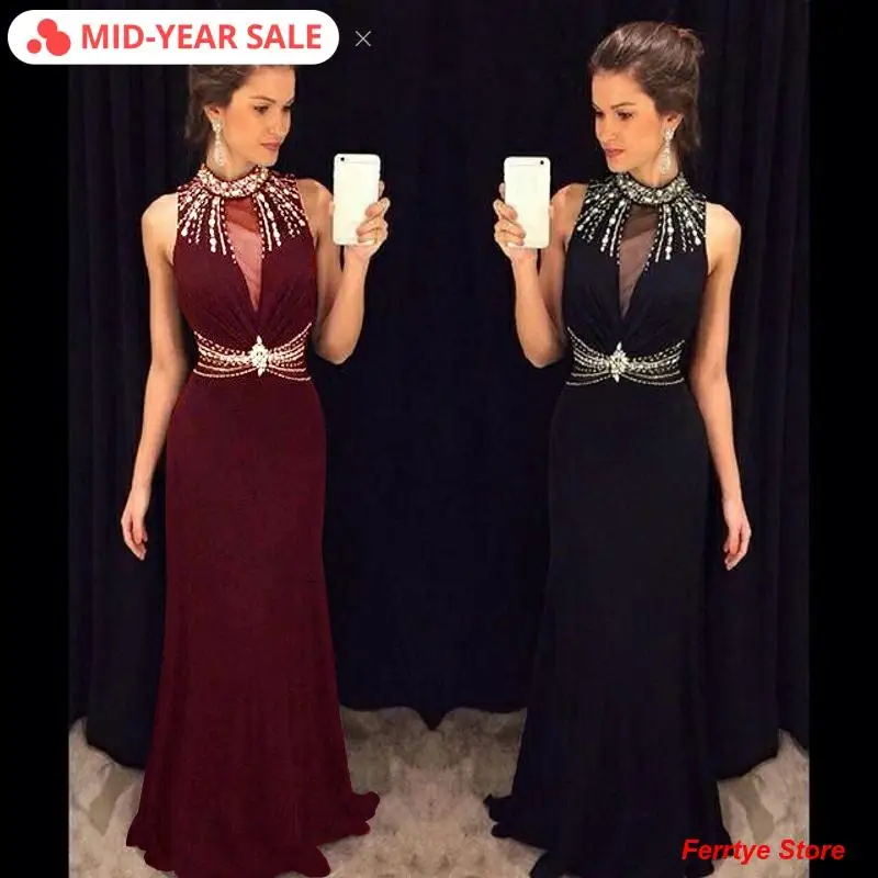 

See Through Maxi Bodycon Sequins Women Dress Elegant Sleeveless Night Dresses for Ladies Fashion Halter Club Sexy High Waist