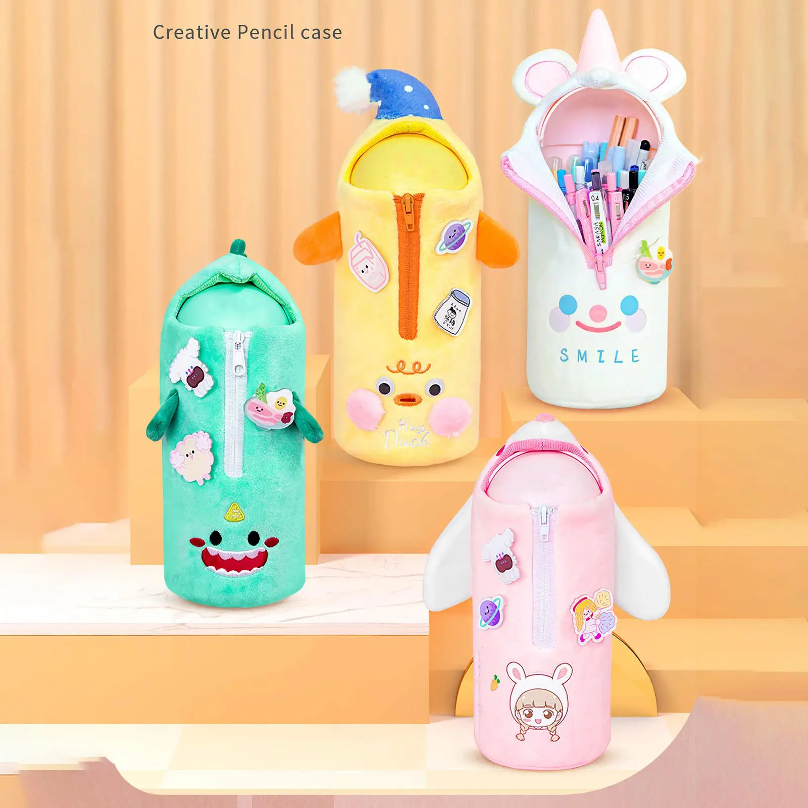 

1pcs Cartoon Animal Shaped Plush Pencil Case Large Capacity Washable Pen Case with 3 Brooches School Supplies Pencil Pouch