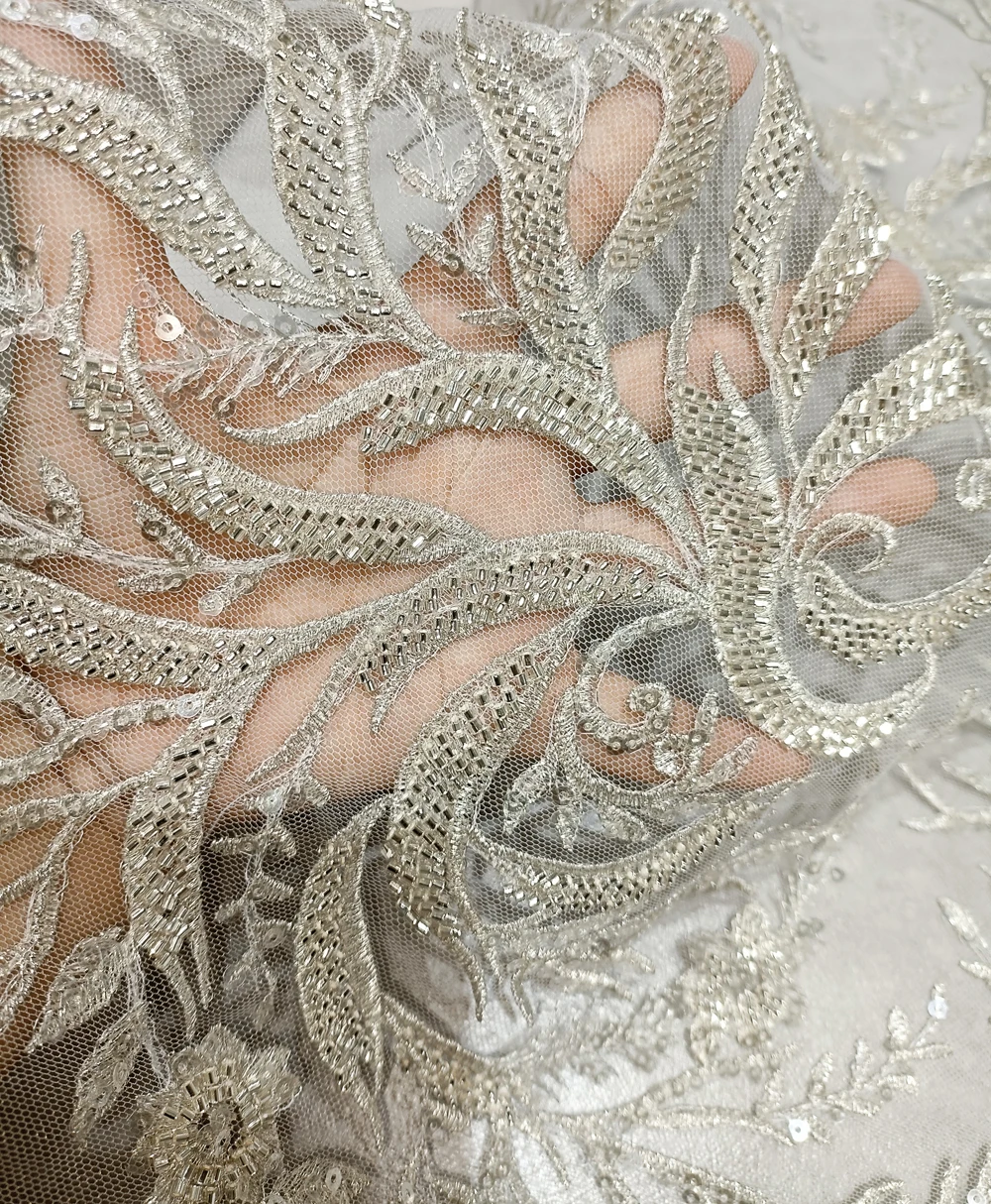 

White Lace Fabric Bead Tube Crystal Sequin Embroidery French Tulle Designer DIY Wedding Evening Dress Sewing Cloth 5 Yards