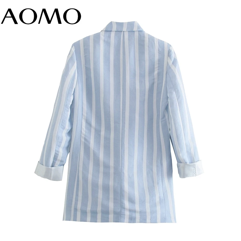 

AOMO Women 2021 Fashion Blue Striped Print Blazer Coat Vintage Long Sleeve Female Outerwear Chic Tops 4N26A