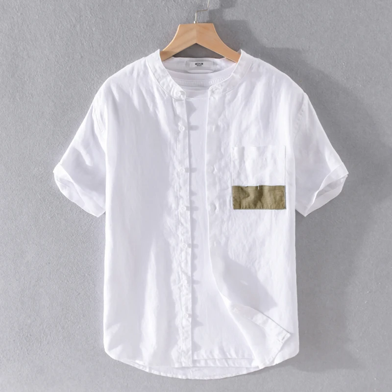 

New Mens casual fashion stand collar short-sleeved shirt retro pure linen shirts for men summer trend shirt mens chemise camisa