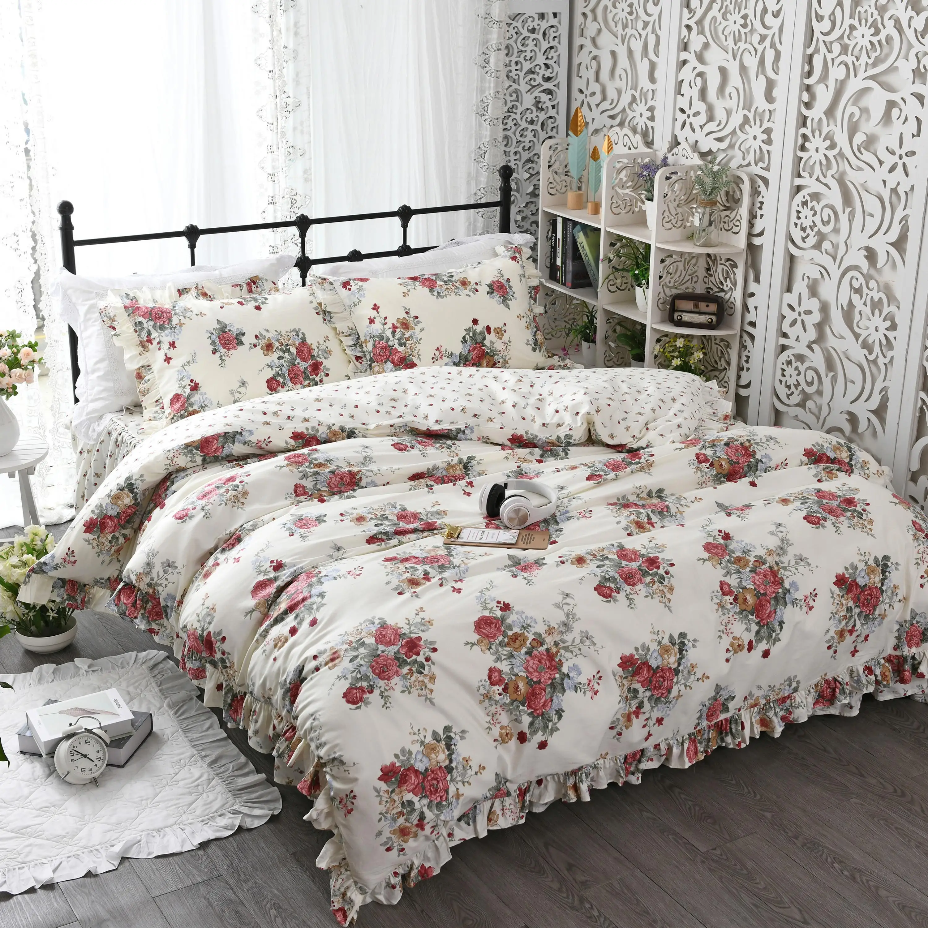 

Shabby Elegant Floral Ruffles Girls Duvet Cover Bedskirt Comforter/Duevt Cover 100%Cotton 4Pcs Bedding Set Queen King Twin size