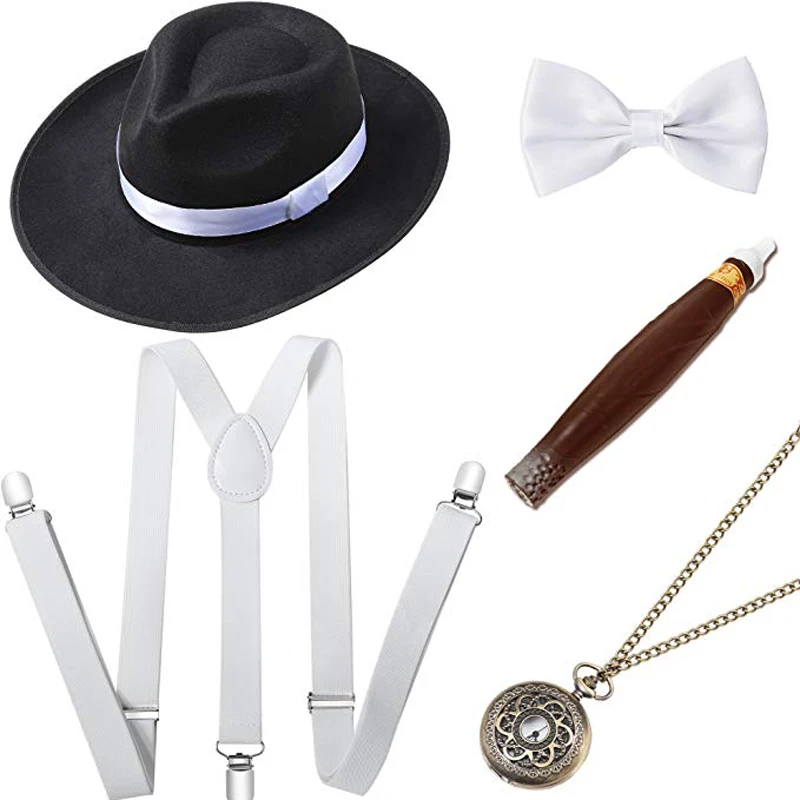 Cosplay Costumes 1920s Mens Gatsby Gangster Costume Accessories Set 30s Manhattan Fedora Hat Suspenders - Цвет: Бежевый