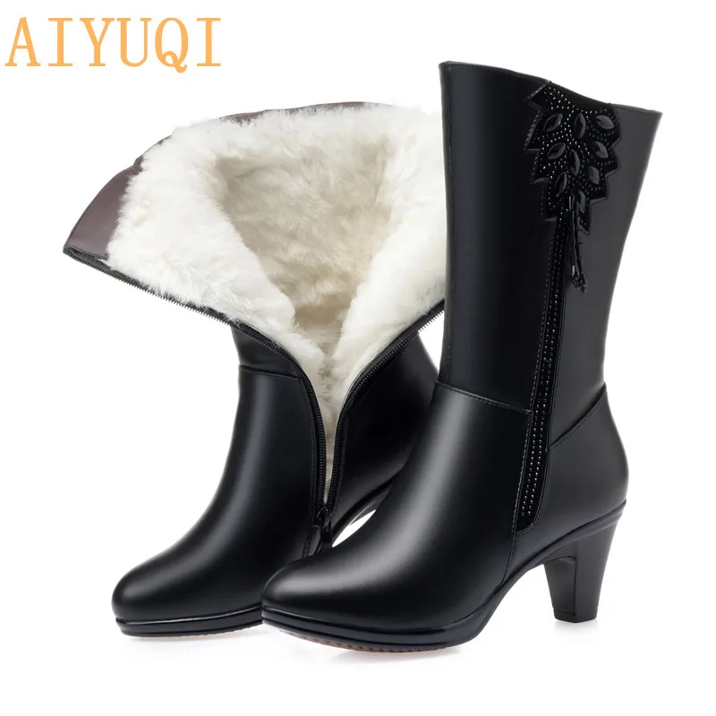 wool black AIYUQI женские зимние сапоги высокого качества высокие зимние сапоги из коровьей кожи шерстяные теплые женские сапоги с бахромой на высоком каблуке - Цвет: wool black