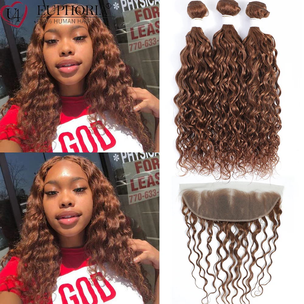 

Brazilian Human Hair Color 30# Water Wave Bundles With Frontal 100% Remy Hair Bundles With 13x4 Lace Closure 27# 99J EUPHORIA