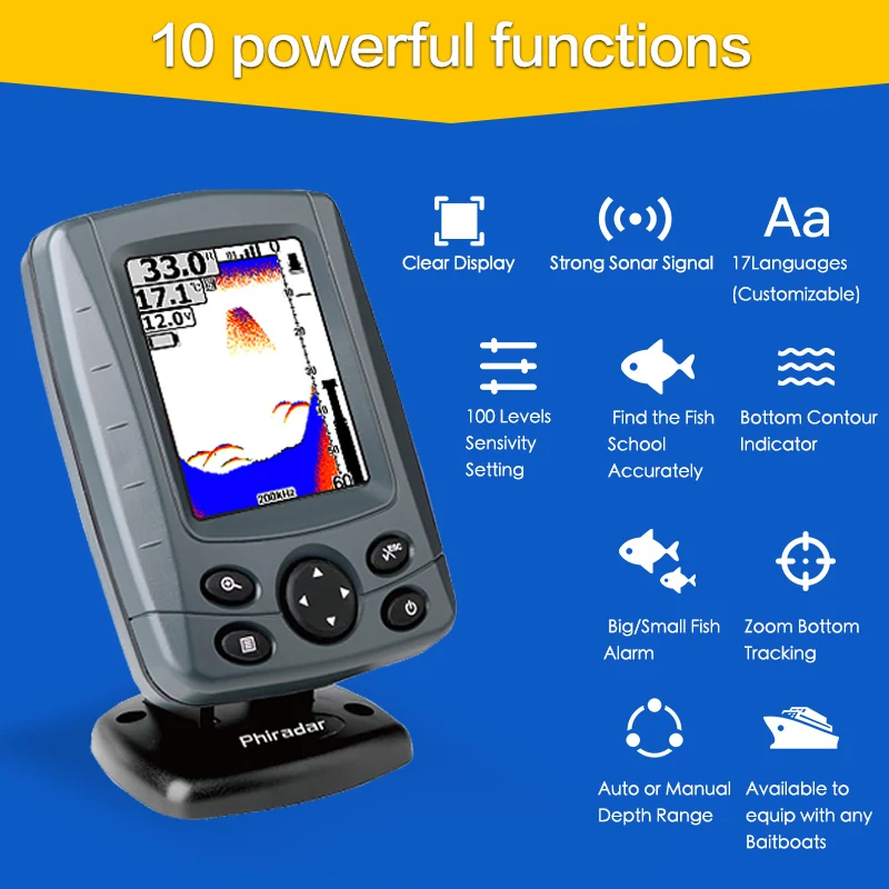 Phiradar FF688W-BG беспроводной 800 м гидролокатор рыболокатор Baitboat эхолот цветной ЖК-пульт дистанционного управления