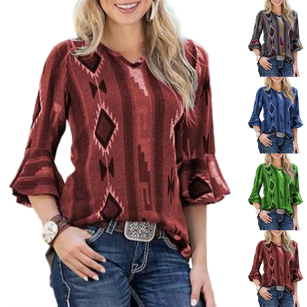 

Women's Ruffle Half Sleeve Printed Tops Blouse Casual Work Shirt Plus Size