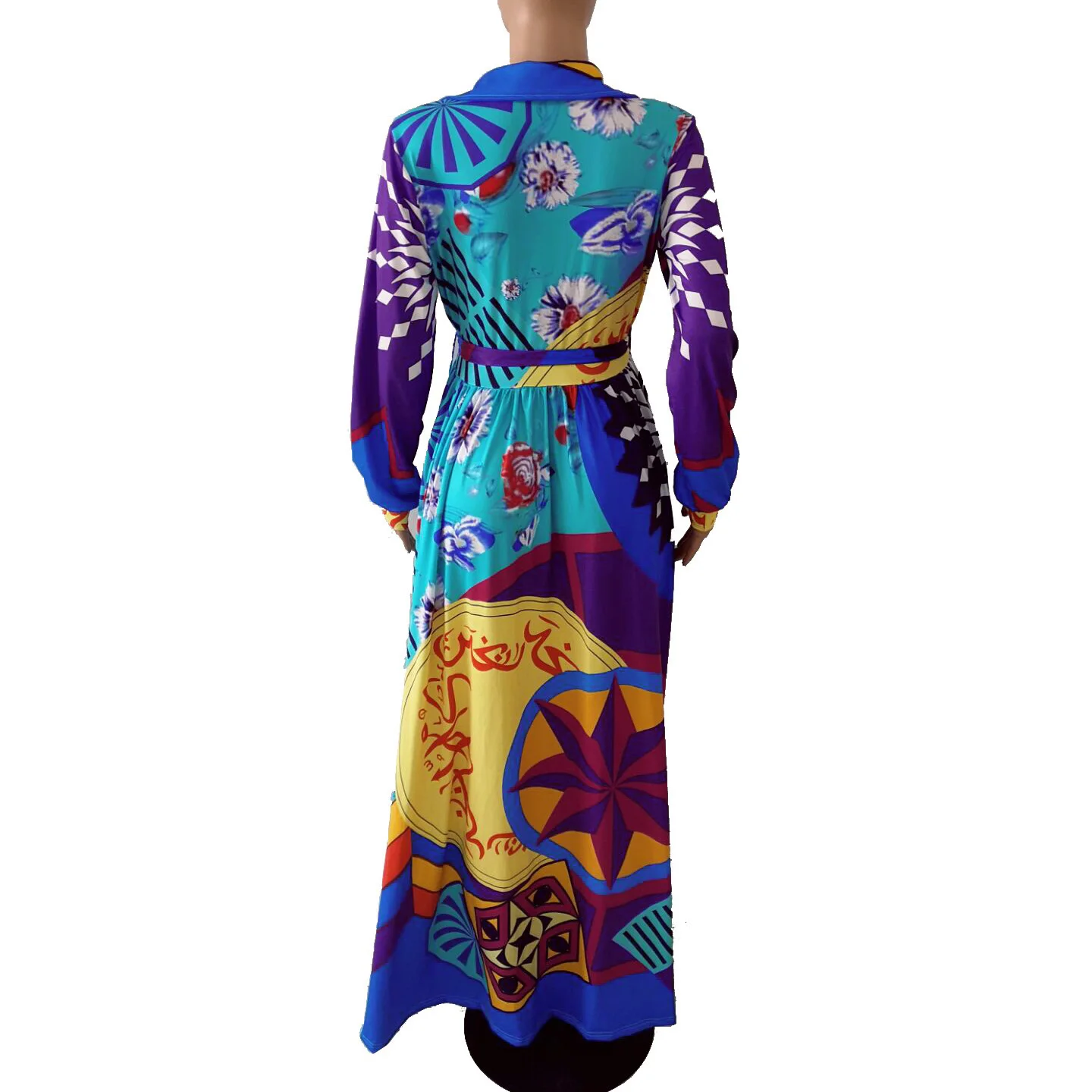 Весенне осеннее платье с длинными рукавами и принтом отложной воротник