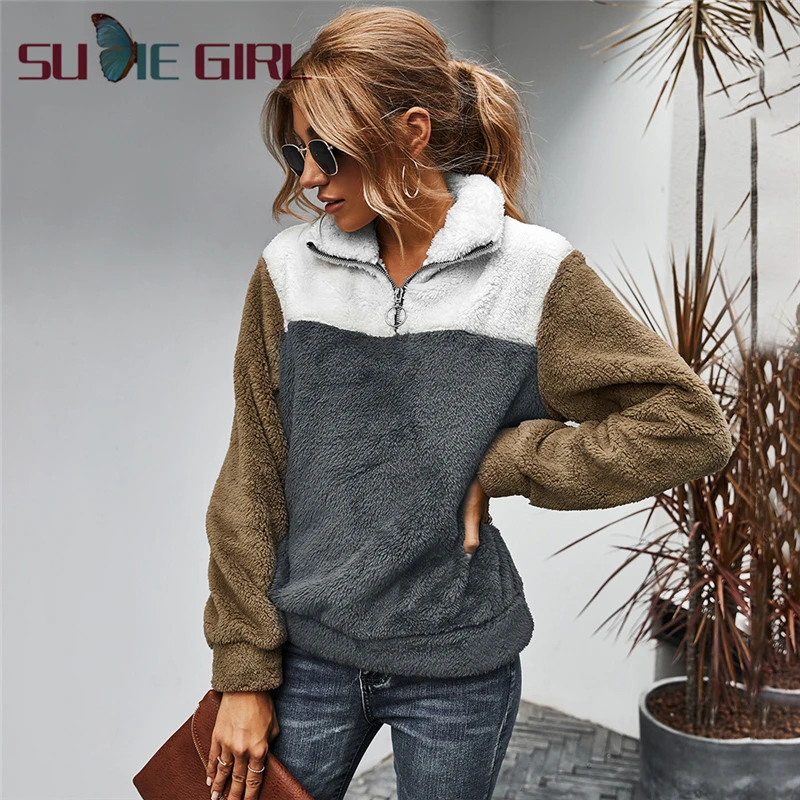 

SUDIE Girl 2020 winter lapel color matching plus velvet thick hoodless top long sleeve ladies retro casual wear