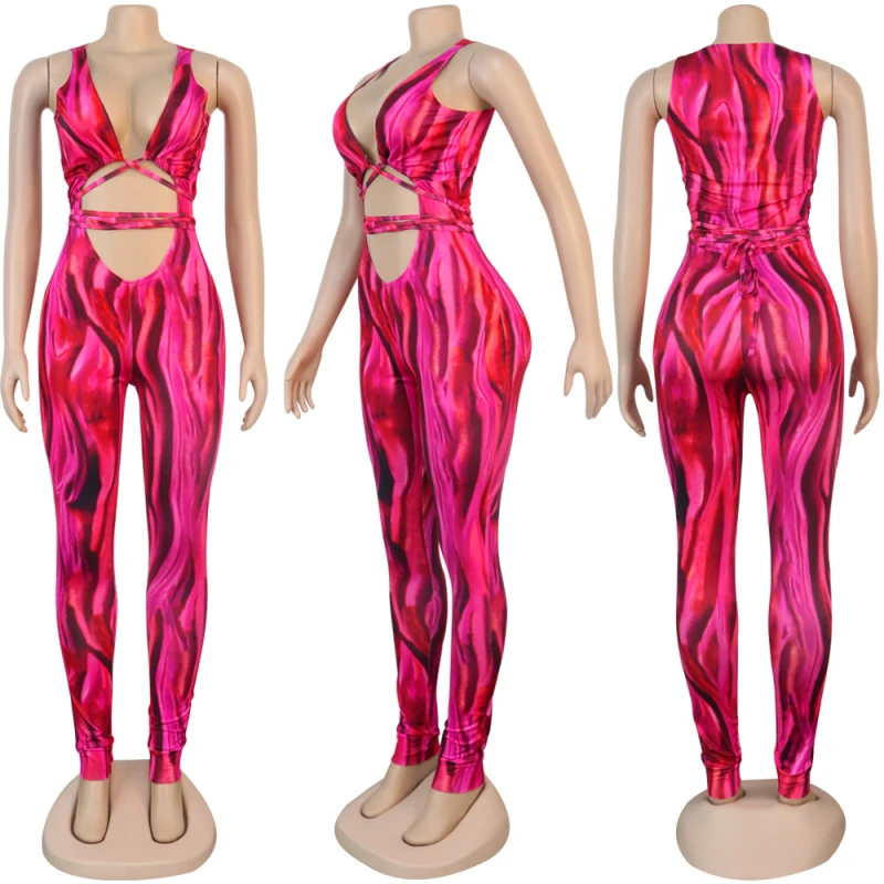 

Women Lace Up Leaking navel Sleeveless print Jumpsuits Sexy Skinny V Neck Overalls Chic Party Clubwear Jumpsuit
