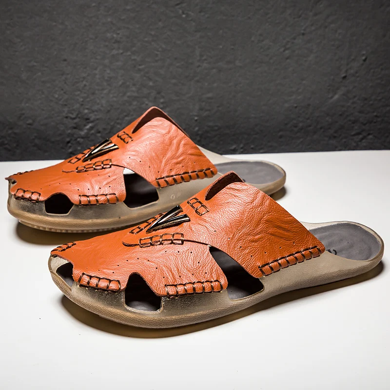 

Men'S Sandals Summer Leather Fashion Breathable Slippers Daily Casual Beach Rubber Flat Shoes Size 38-48 Wholesale