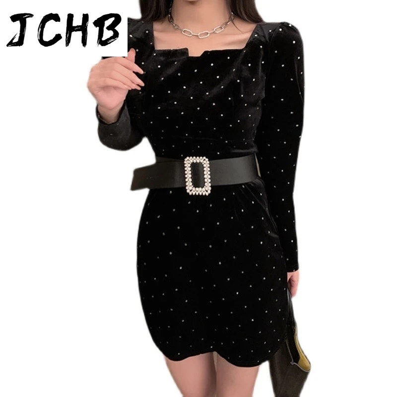 

JCHB 2021 New Spring And Summer Fashion Casual V- Long Sleeve Black Hot Diamond Glittering Velvet Dress Tide Women SH449