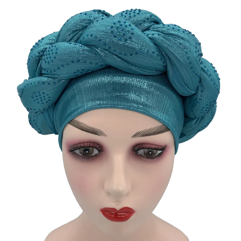 

Latest aso oke auto gele Headtie Women Turban Cap with Braids Muslim Head Scarf Bonnet Ladies Head Wraps Diamonds Turbante Mujer