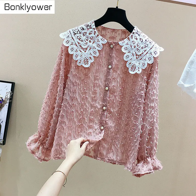 Женская кружевная ажурная блузка белая Свободная с длинным рукавом рубашки на