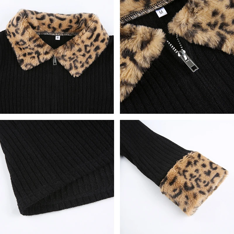 

Leopard Y2K Jackets Furry Patched Ribbed Knit Women's Autumn With Fur Warm Winter Female 2021 Long Sleeve Coat Zip Up Outwear