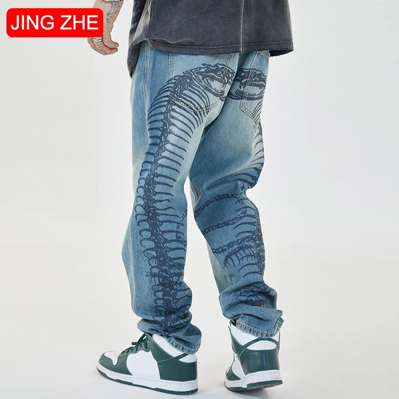 

JING ZHE Jeans Men Punk Bone Print Denim Pants Men Washed Retro Baggy Trousers Harajuku All-match High Street Hipster Streetwear