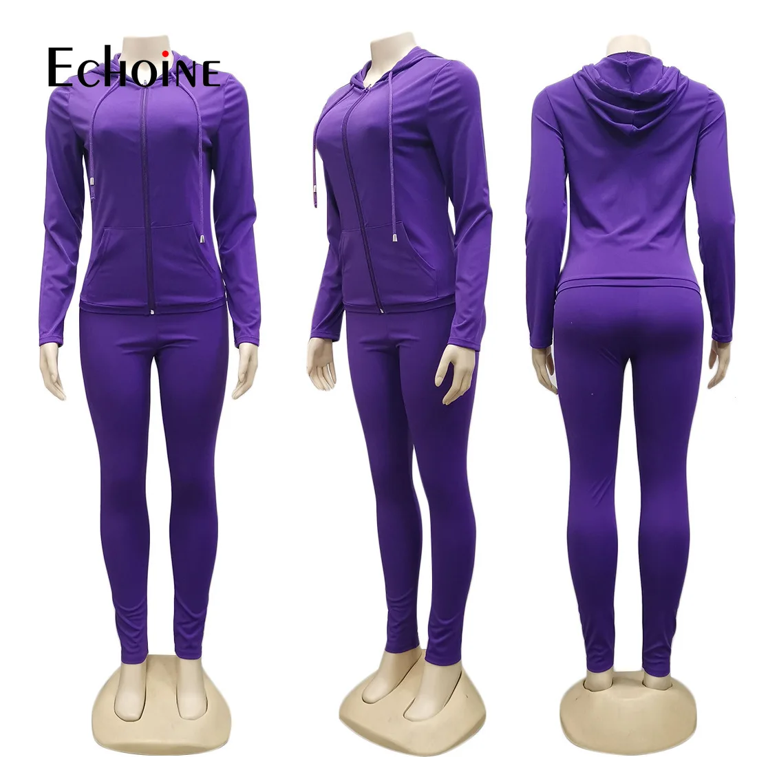 

Echoine Women Solid Casual Sportwear Two Piece Sets Fashion Lady Full Sleeve Zipper Hoodies Coats Leggings Tracksuits Outfits