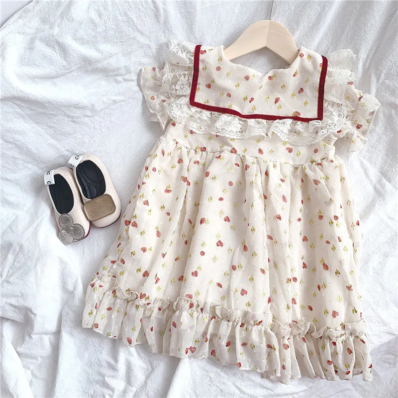 

2021 Summer Girl Dress New Sweet Chiffon Lace Princess Dress Children Stitching Party Dress