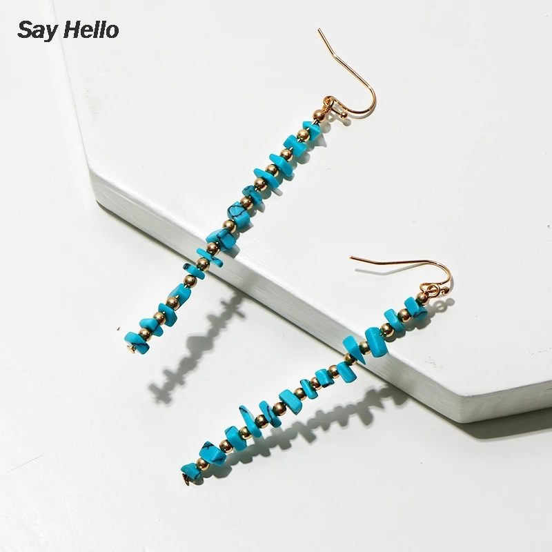 SAY HELLO Boho Turquoises Square Polygon Irregular Geometric Dangle Earrings Fringed Jewelry Made Of Metal Beads A0543 | Украшения и