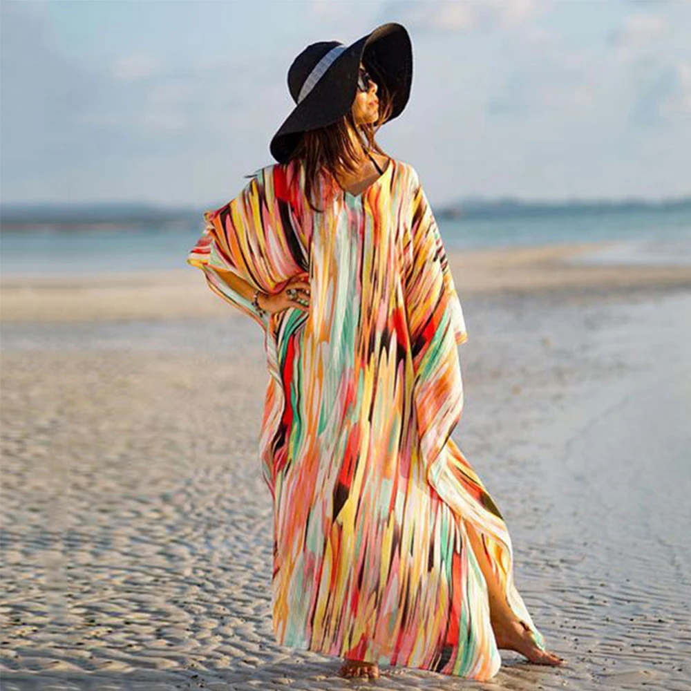 New Colourful Beach Dress Oversize Bikini Cover Up Tie Dye Chiffon Wear Batwing Sleeve Mujer 2020 Maxi Pareos De Pla | Женская одежда