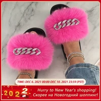 fur slippers with chain summer fluffy slippers ladies real fur sliders flip flops with fur female sandals flat summer shoes 2021