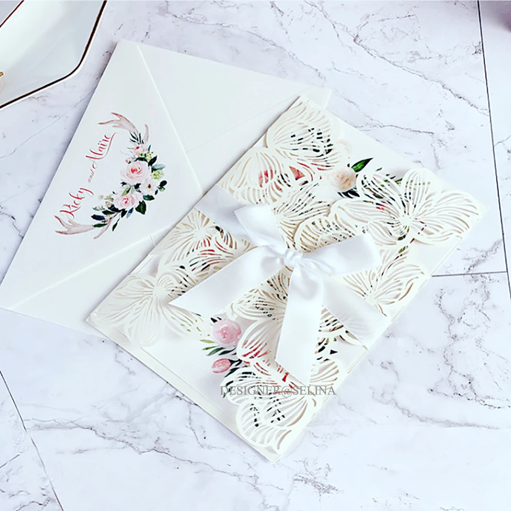 50 шт слоновой кости Блестящий лепесток лазерная резка свадебные приглашения с