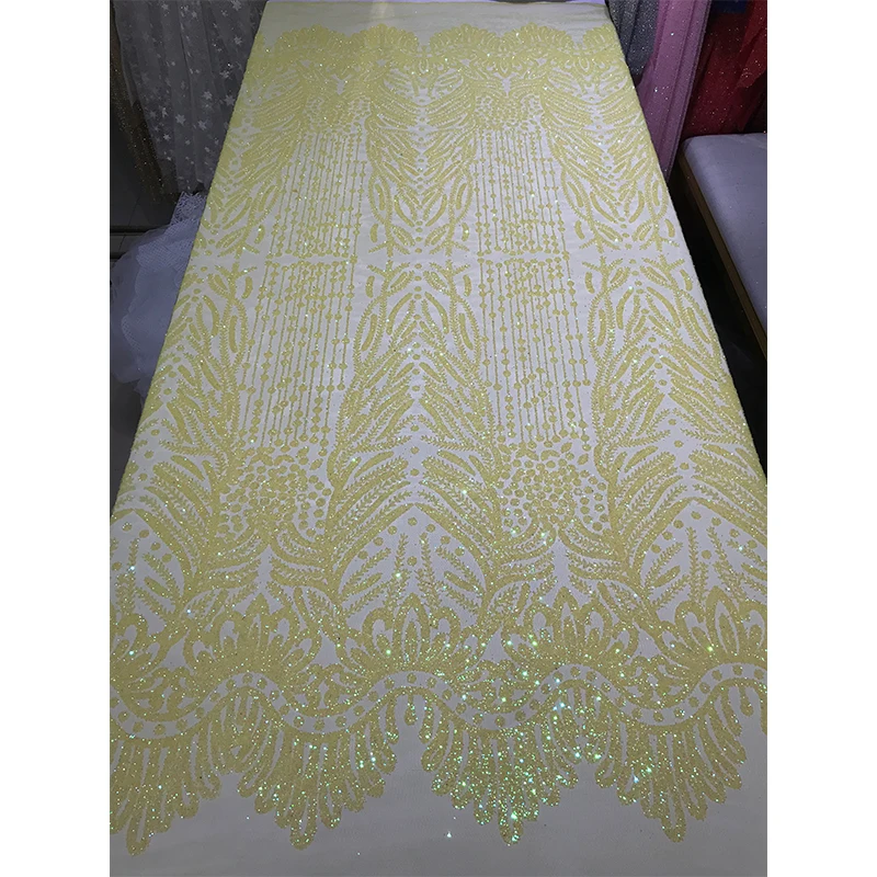 

African Wedding Party Dress Material Yellow Tulle Sequin Lace Fabrics by the Yard for Needlework French Mesh Trimmings for Gown
