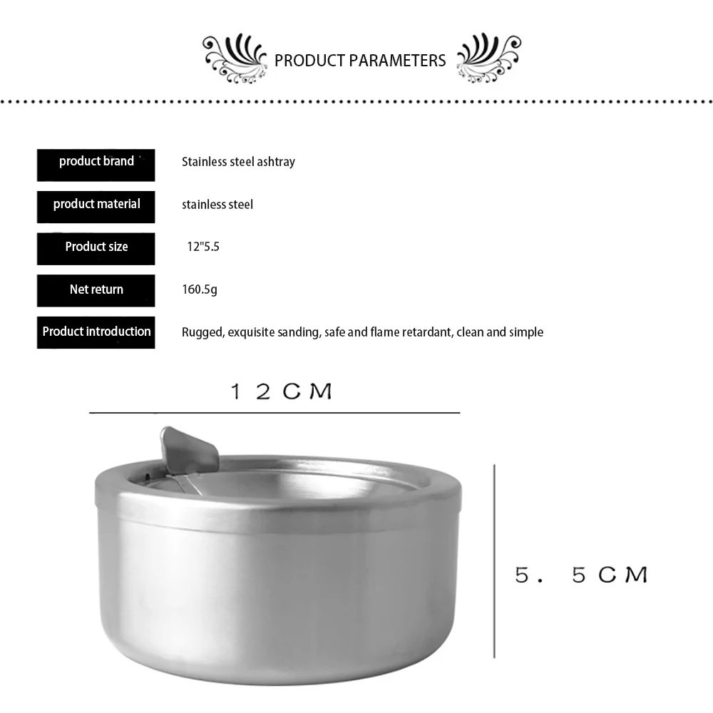 

Cigarette Lidded Ashtray Stainless Steel Silver Windproof Ashtray with Lid Round Shape Smoking Ash Tray