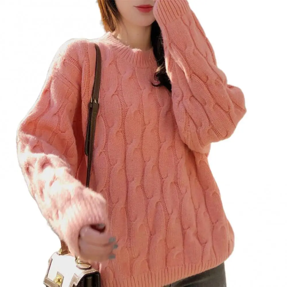 

Women Autumn Loose Solid Color Round Neck Long Sleeve Knitted Blouse Top Sweater