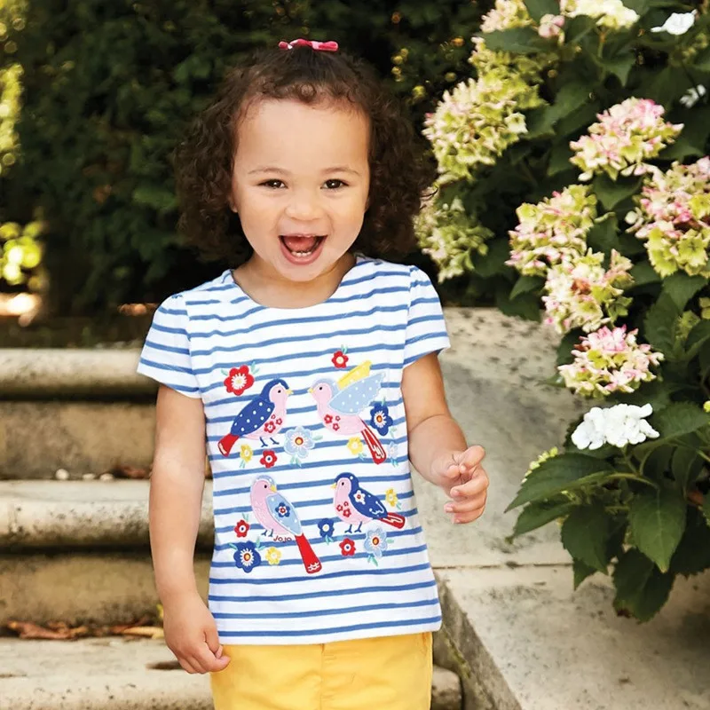

Baby Summer T Shirt Cartoon Birds Printed Flower Stripes Tops Tees Kids Children Casual Clothing Cotton Girl T-shirt