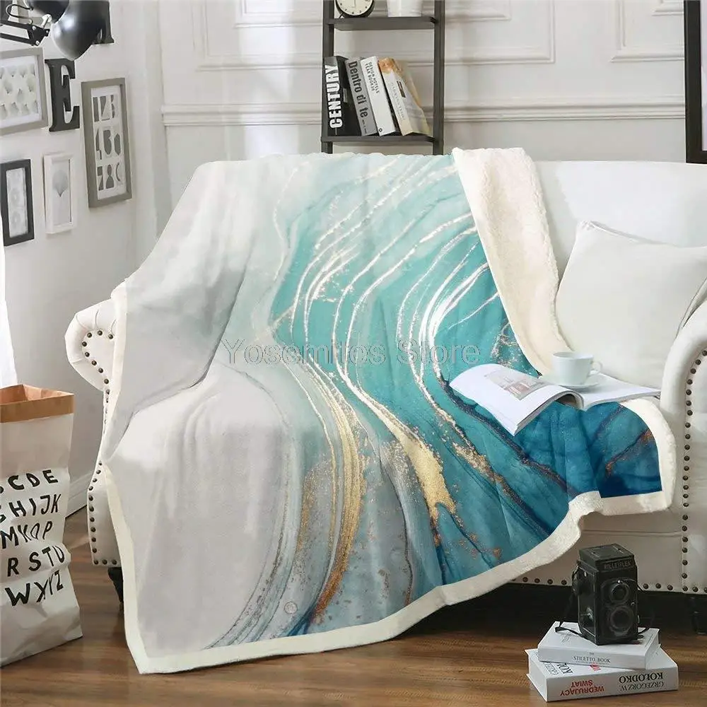 

Castle Fairy Mulit-Colors Marbling Sherpa Blanket Couch Sofa Chair Bed Gold Green Marbling Pattern Flannel Throw Mediterranean