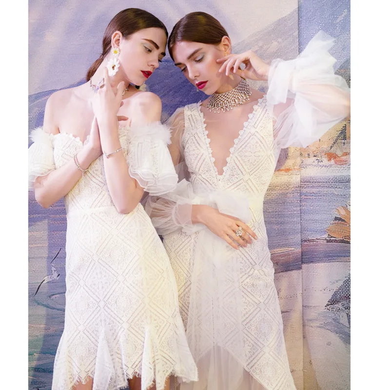 

2020 Spring Summer New Arrivals V Neck Solid Pattern Pencil Dress Women Fashion Casual Lantern Sleeve Lace Dress V669