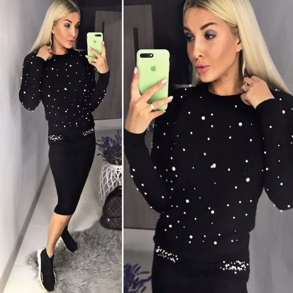 

Women Two Piece Warm Set Pearl Beading Knitted Pullover Pencil Skirt Women Elegant 2 Piece Suits