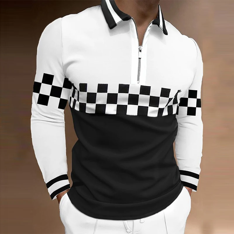 Autumn Casual Polo Shirt Men Fashion Print Black White Plaid Pattern Long Sleeve Zipper Slim Fit Polo Shirt for men Plus Size