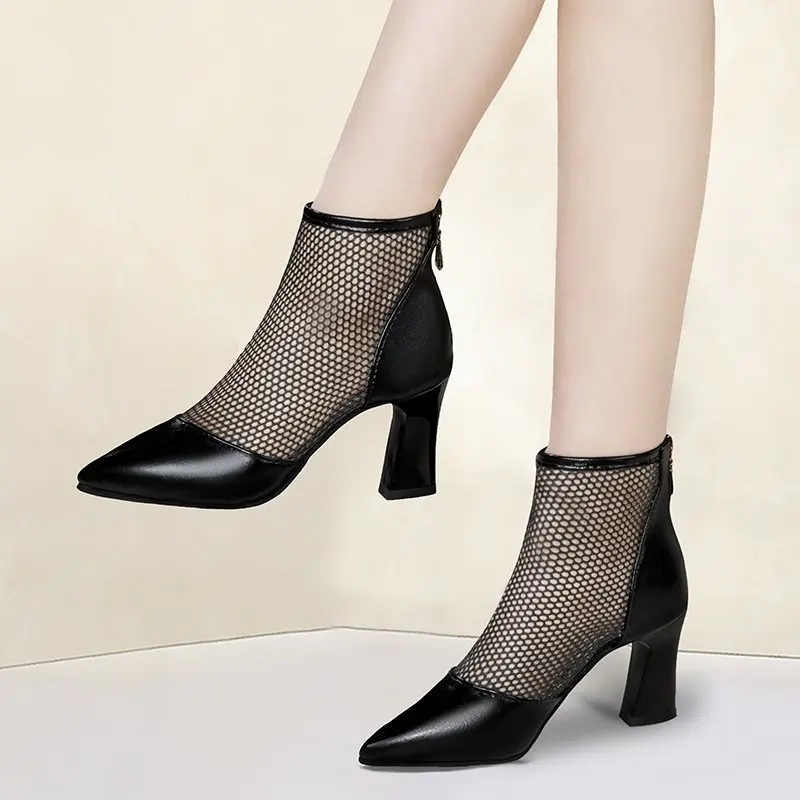 Женские босоножки гладиаторы Черные ботильоны на высоком каблуке с острым