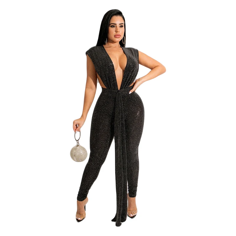 

Women's Sleeveless Backless Skinny Deep V-neck Jumpsuit Sexy 2022 Party Clubwear Sequined Bodycon Solid Color One Piece Romper