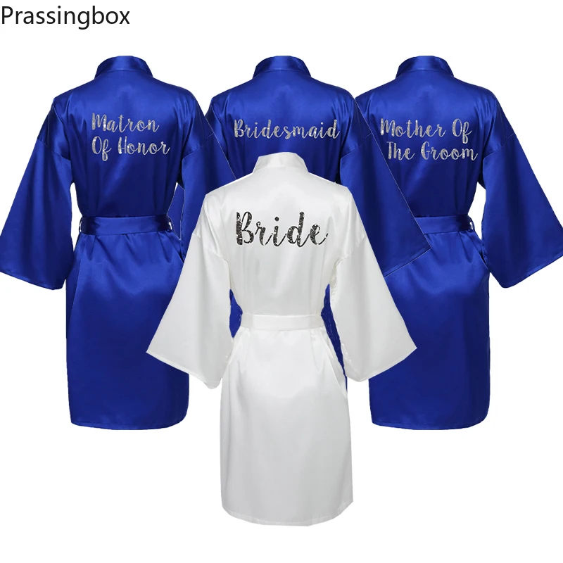 

satin silk robes for women Wedding Bride Dressing Gown robe Bridesmaid royal blue color with letter print robe