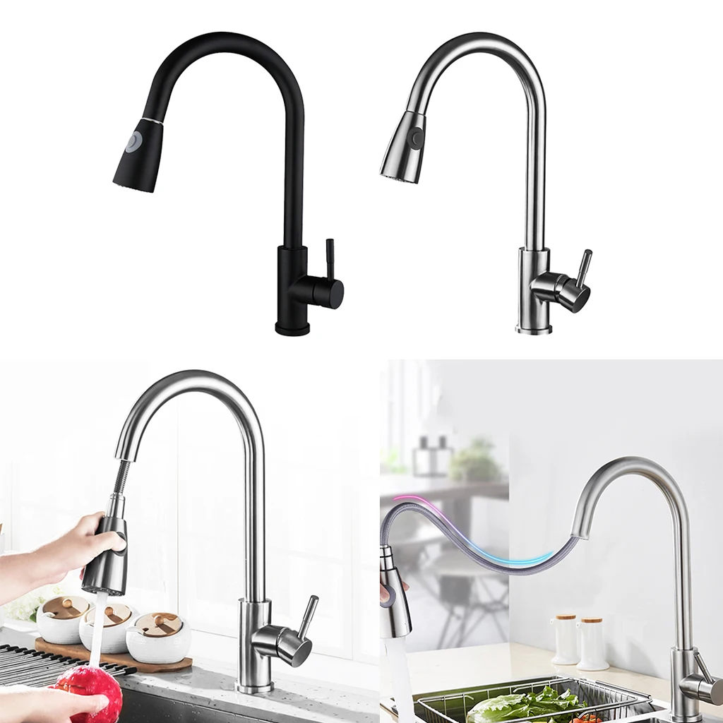 

Single Handle Arc Pull Out Kitchen Faucets Stainless Steel with Sprayer Tap