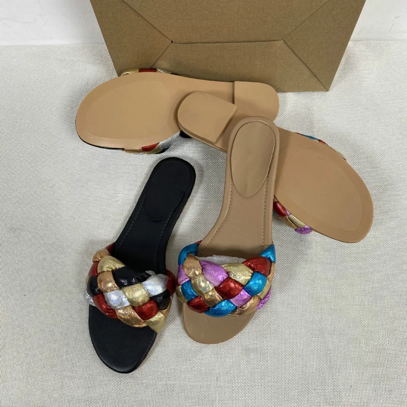 

2021 Summer Women's Flats Sandals Ladies Slides Outdoor Beach Shoes Multi-Color Weave Design Female Slip-on Slippers