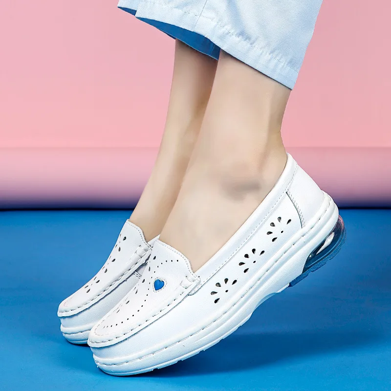 Thick Sole Genuine Leather Shoes Woman Flats Loafers Big Size 41 Casual Shoes Slip on Flat White Shoes for Women Nurse Shoe