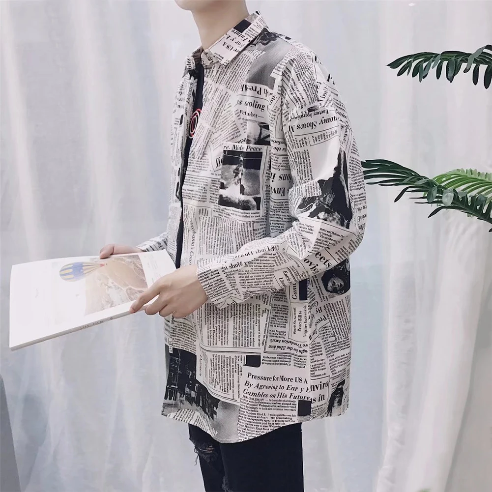 Рубашка мужская приталенная с принтом газет Модный повседневный Топ длинным
