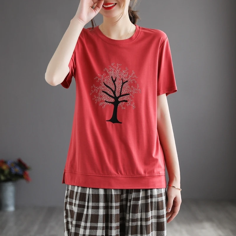 

Summer Clothing Retro Ice Silk Cotton Short Sleeve T-shirt Women's Summer New Embroidery Round Neck Pullovers Thin Teees And Top