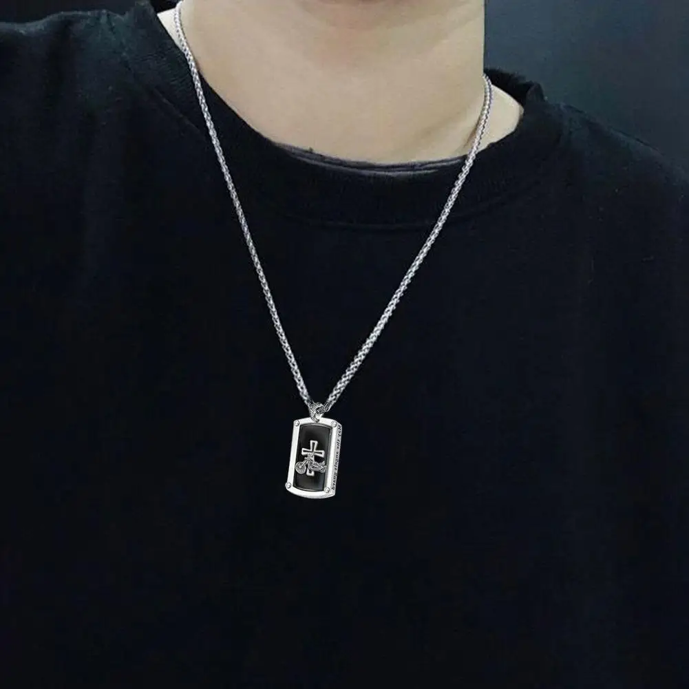 

2021 New Fashion Letter Carved Black Cross Metal Plate Long Chain Necklace Stainless Steel Cool Biker Jewelry Gift